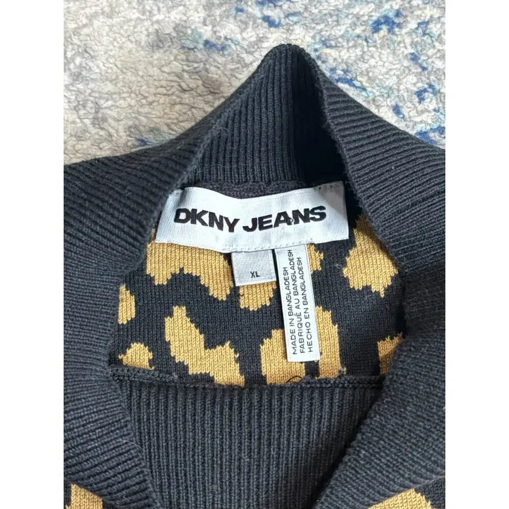 DKNY Jeans Leopard Print Knit Sweater Womens XL Tan Black‎ Pullover